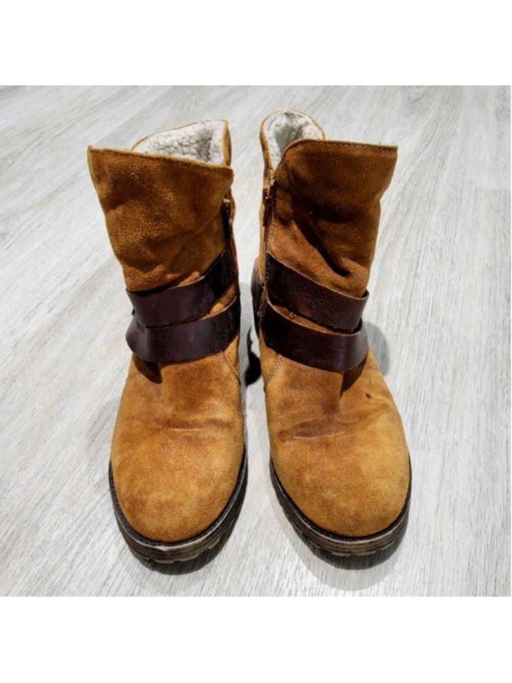 Biker Boots Womens 7 Brown Suede Faux Fur Lined Ankle Zip Buckle Winter Casual - Picture 2 of 9